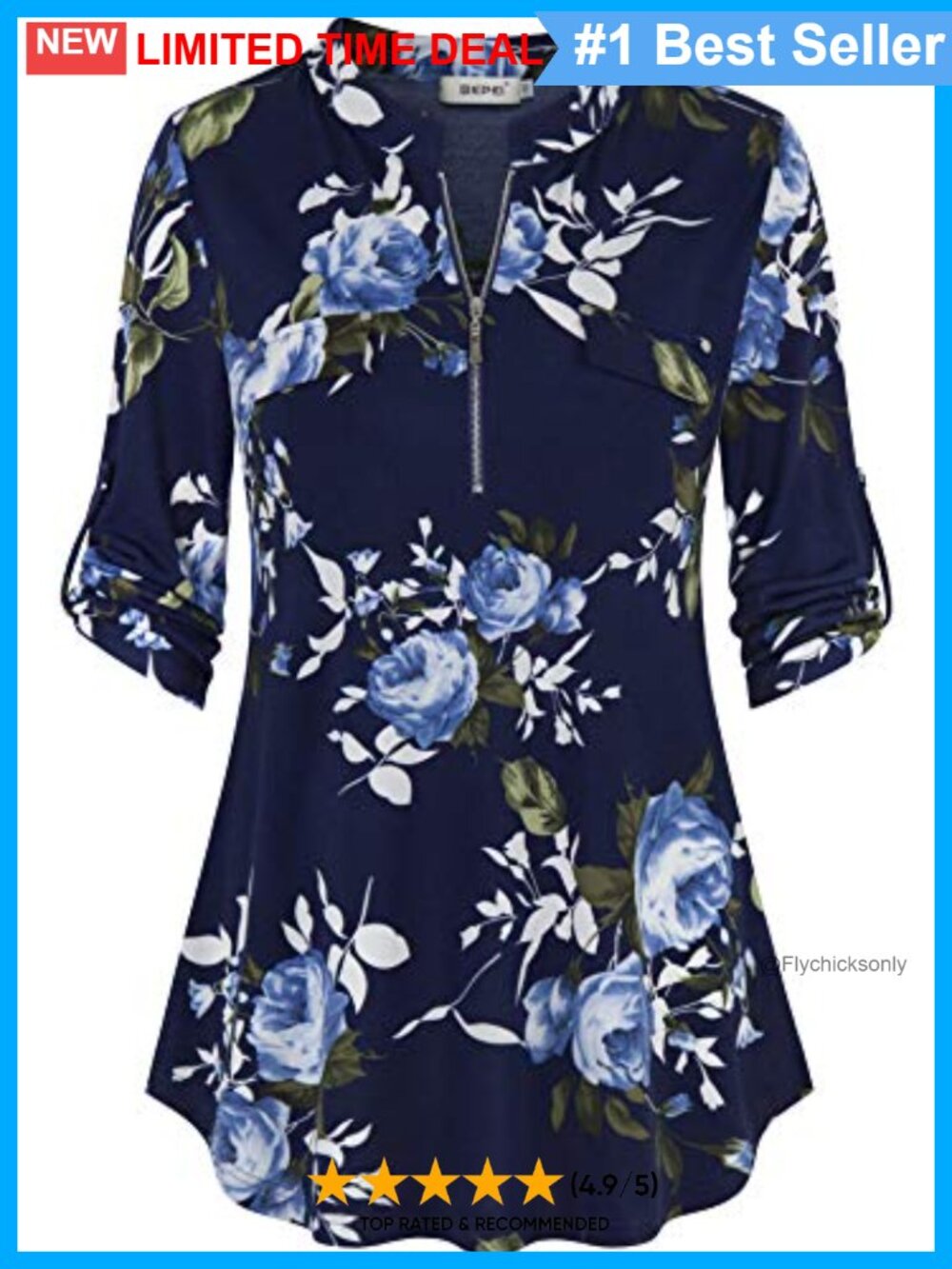 Womens Floral 3/4 Sleeve Zip Up V Neck Tunic Blouse Office Work Top